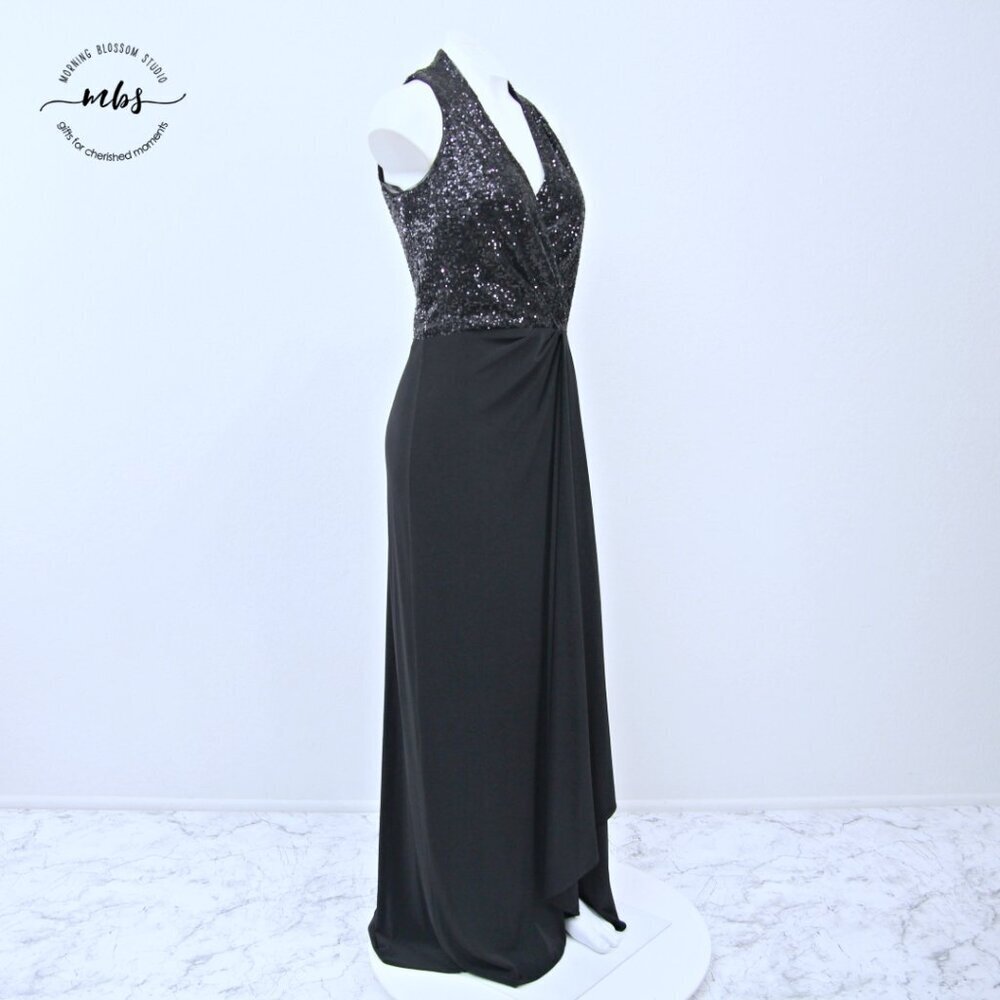 Lauren Ralph Lauren Sequin V Neck Sleeveless Formal Maxi Dress Black Women 6